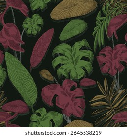 Seamless tropical pattern Heliconia ,Palm leafs ,Dark green background adds contrast and depth. Perfect for fabric, wallpaper, wrapping paper, and summer-themed graphic design.
