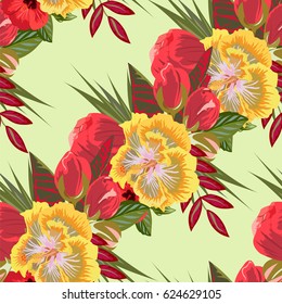 Seamless tropical pattern with hibiscus, exotic leaves and buds. Hand-drawn floral background for printing on fabric, clothing, home textiles, wallpaper, gift wrapping. Romantic design.