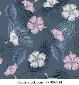 Seamless tropical  seamless pattern of hibiscus flower on a blue background. Imitation embroidery.