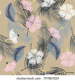 Seamless tropical  seamless pattern of hibiscus flower on a beige  background. Imitation embroidery.