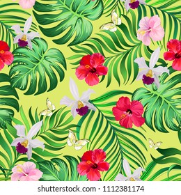 Seamless tropical pattern with hibiscus flowers, palm leaves and orchid. Vector  summer background. template for print design.