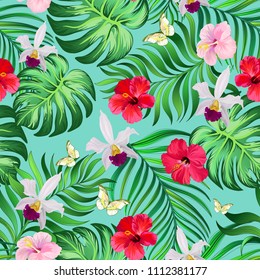 Diseño tropical sin inconvenientes con flores de hibisco, hojas de palma y orquídea. Fondo de verano vectorial. para diseño de impresión.