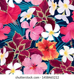 Seamless tropical pattern of hibiscus flowers with plumeria and palm leaf background. Vector set of exotic tropical garden for holiday invitation, greeting card and textile fashion design.