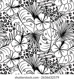 Seamless tropical pattern with hibiscus flowers, monstera leaves, palm fronds, and leopard print. Hand-drawn, black and white vector style. Perfect for fabric, wallpaper, and packaging design.