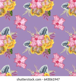 Seamless tropical pattern with hibiscus flowers. Hand-drawn floral background for printing on fabric, clothing, home textiles, wallpaper, gift wrapping. Romantic design.
