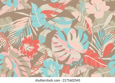 patrón tropical sin fisuras con hibisco y hojas, fondo neutro, diseño vectorial para papel, tela y otras superficies