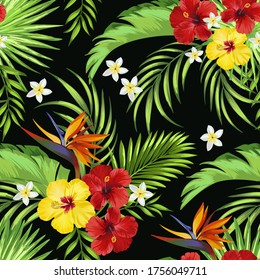 Patrón tropical sin foco con hibiscos, orquídeas, hojas de palma. Ilustración botánica exótica vectorial.