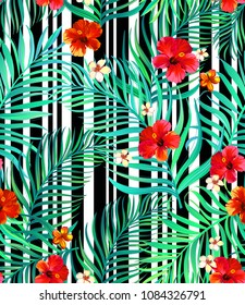 	Seamless tropical pattern with hibiscus, palm leaves and flowers. Vector illustration. ESP10.