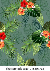 Seamless tropical pattern with hibiscus, palm leaves and flowers. Vector illustration.