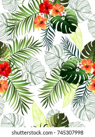 Diseño tropical sin inconvenientes con hibiscos, hojas de palma y flores. Ilustración vectorial.