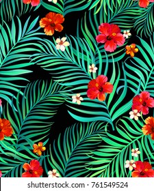 Seamless tropical pattern with hibiscus, palm leaves and flowers. Vector illustration. ESP10.