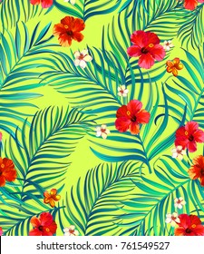 Seamless tropical pattern with hibiscus, palm leaves and flowers. Vector illustration. ESP10.