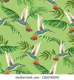 seamless tropical pattern with hummingbirds and palm leaves