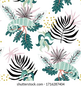 Seamless tropical pattern with iguanas on leaves. Jungle summer background. Perfect for fabric design, wallpaper, apparel. Vector illustration