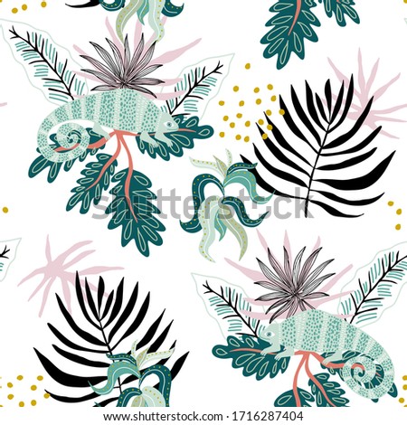 Seamless tropical pattern with iguanas on leaves. Jungle summer background. Perfect for fabric design, wallpaper, apparel. Vector illustration