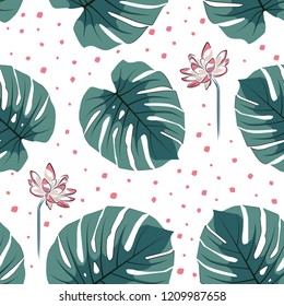 Seamless tropical pattern including lotus flowers and monstera leaves on white background. (Vector illustration)
