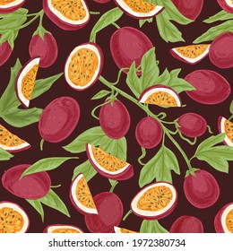 Seamless tropical pattern with juicy passion fruits and leaves. Hand-drawn retro background with fresh passionfruits. repeatable texture for printing. Vector illustration of sweet maracuja pieces