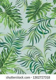 Seamless tropical pattern with jungle flowers and palm leaves. Summer print.