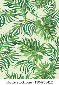 Seamless tropical pattern with jungle flowers and palm leaves. Summer print. - Vector