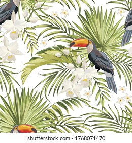 Seamless tropical pattern with jungle flowers, parrots and leaves.