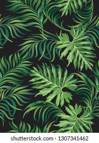 Seamless tropical pattern with jungle foliage and palm leaves. Summer print. - Vector - Vector