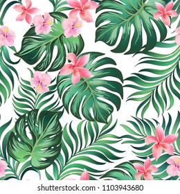 Seamless tropical pattern with jungle leaves and flowers. Trendy summer background. Botanical wallpaper.