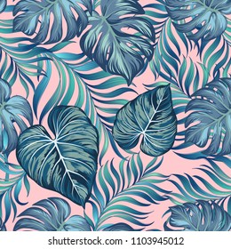 Seamless tropical pattern with jungle leaves. Trendy summer background.
