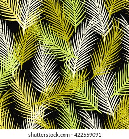 Seamless tropical pattern with jungle leaves and palm fronds.  Summer time illustration.