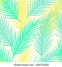 Seamless tropical pattern with jungle leaves and palm fronds.  Summer time illustration.