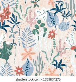 Seamless tropical pattern. Jungle summer background. Perfect for fabric design, wallpaper, apparel. Vector illustration