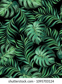 Seamless tropical pattern. Jungle vector background with palm leaves.