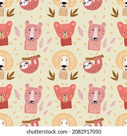 Seamless tropical pattern for kids with cute animals. Colorful vector design for print and web. 