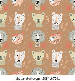 Seamless tropical pattern for kids with cute animals. Colorful vector design for print and web. 