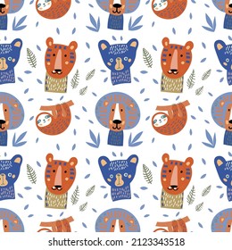 Seamless tropical pattern for kids with cute animals. Colorful vector design for print and web. 