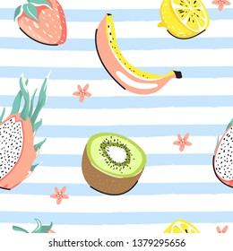 Seamless tropical pattern with kiwi, dragon fruit, lemon, strawberry, banana and flowers . Texture for textile, postcard, wrapping paper, packaging etc. Vector illustration on linear background.