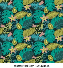 Seamless tropical pattern with kiwi, leaves and flowers. Vector illustration. Dark background.