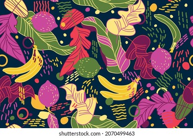 seamless tropical pattern with leaves, bananas and lemon, vector design for paper, fabric and oyher surface