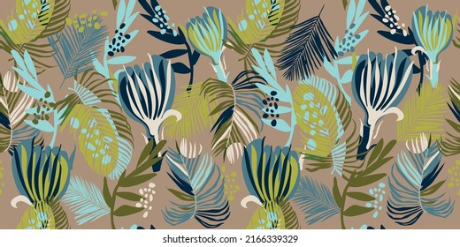seamless tropical pattern with leaves and branches, vector design for paper, fabric and other surface