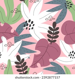 Seamless tropical pattern with leaves. Colorful vector, flat style. Jungle summer design for fabric, print, textile, wrapper.