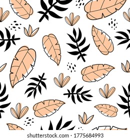 Seamless tropical pattern with leaves, decorative elements. Colorful vector, flat style. Jungle summer design for fabric, print, textile, wrapper.