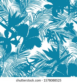 Seamless tropical pattern with  leaves and exotic flowers.  Silhouette. Graphic  vector background.