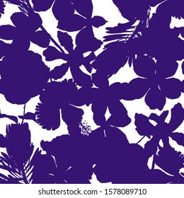 Seamless tropical pattern with  leaves and exotic flowers.  Silhouette. Graphic  vector background.
