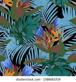 Seamless tropical pattern with leaves and exotic flowers.  Graphic vector background.