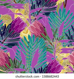 Seamless tropical pattern with leaves and exotic flowers.  Graphic vector background.