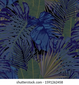 Seamless tropical pattern with leaves and exotic flowers.  Graphic vector background.