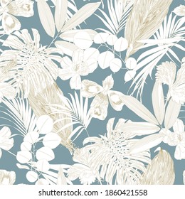 Seamless tropical pattern with leaves and exotic flowers.  Graphic vector background.