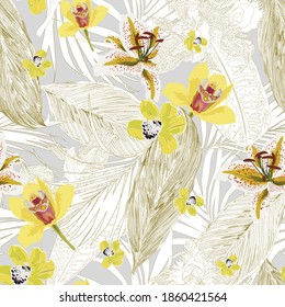 Seamless tropical pattern with leaves and exotic flowers.  Graphic vector background.