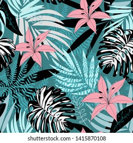 Seamless tropical pattern with leaves and flowers on a dark background. Vector design. Jungle print. Textiles and printing. Floral background.