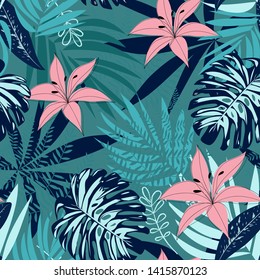 Seamless tropical pattern with leaves and flowers on green background. Vector design. Jungle print. Textiles and printing. Floral background.