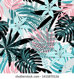 Patrón tropical sin inconvenientes con hojas y flores sobre fondo blanco. Diseño de vectores. Impresión de selva. Textiles e impresión. Fondo floral.
